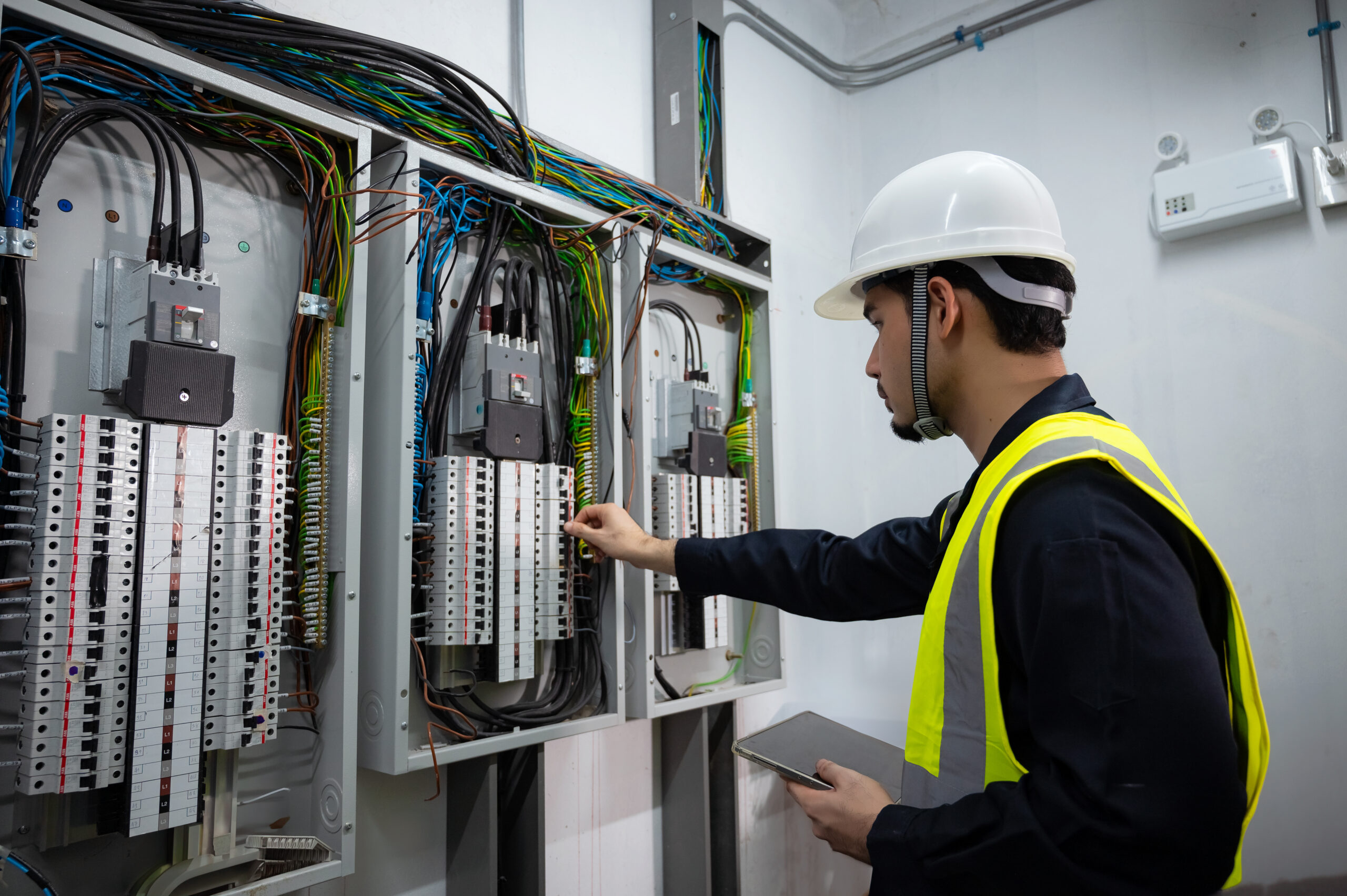 Electrical Engineer team working front control panel, An electrical engineer is installing and using a tablet to monitor the operation of an electrical control panel in a factory service room.