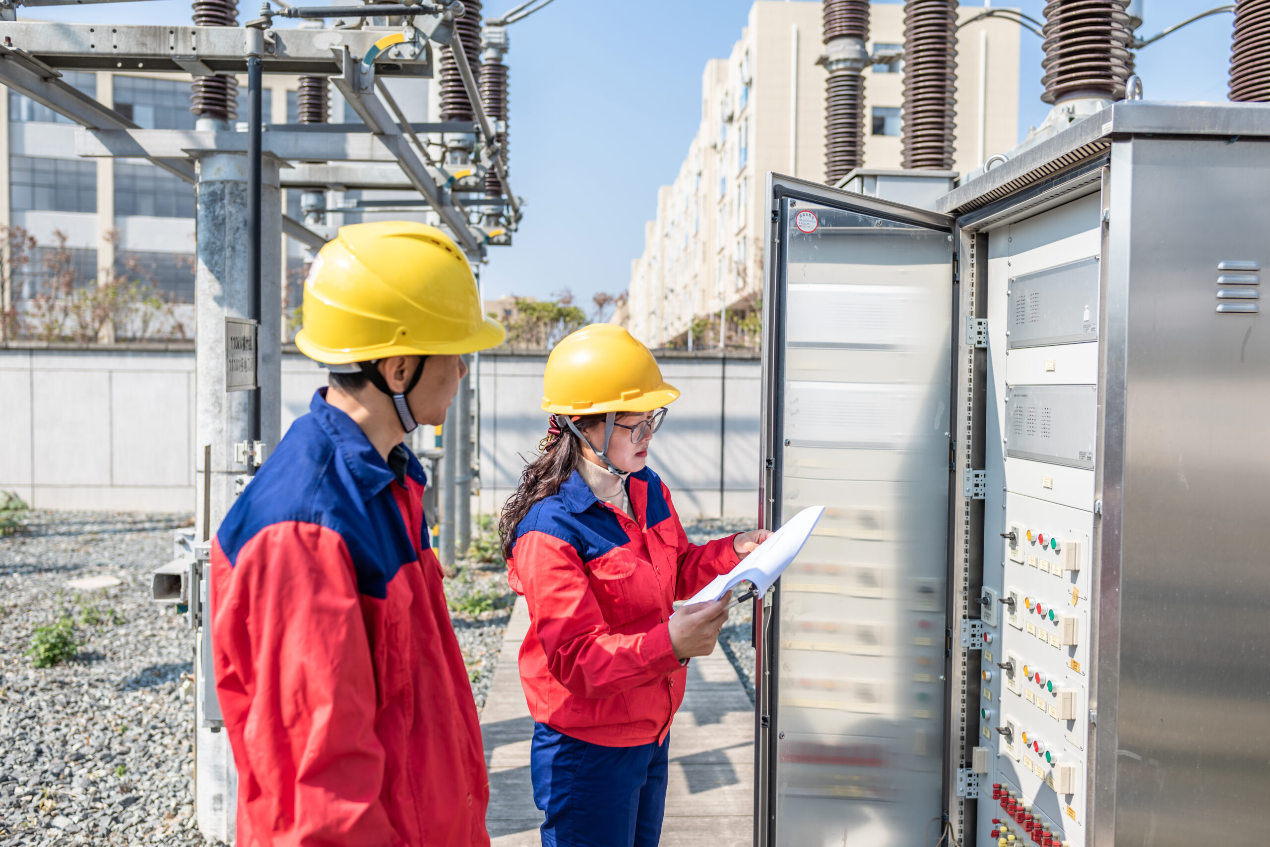 Power engineer checking electrical equipment at substation